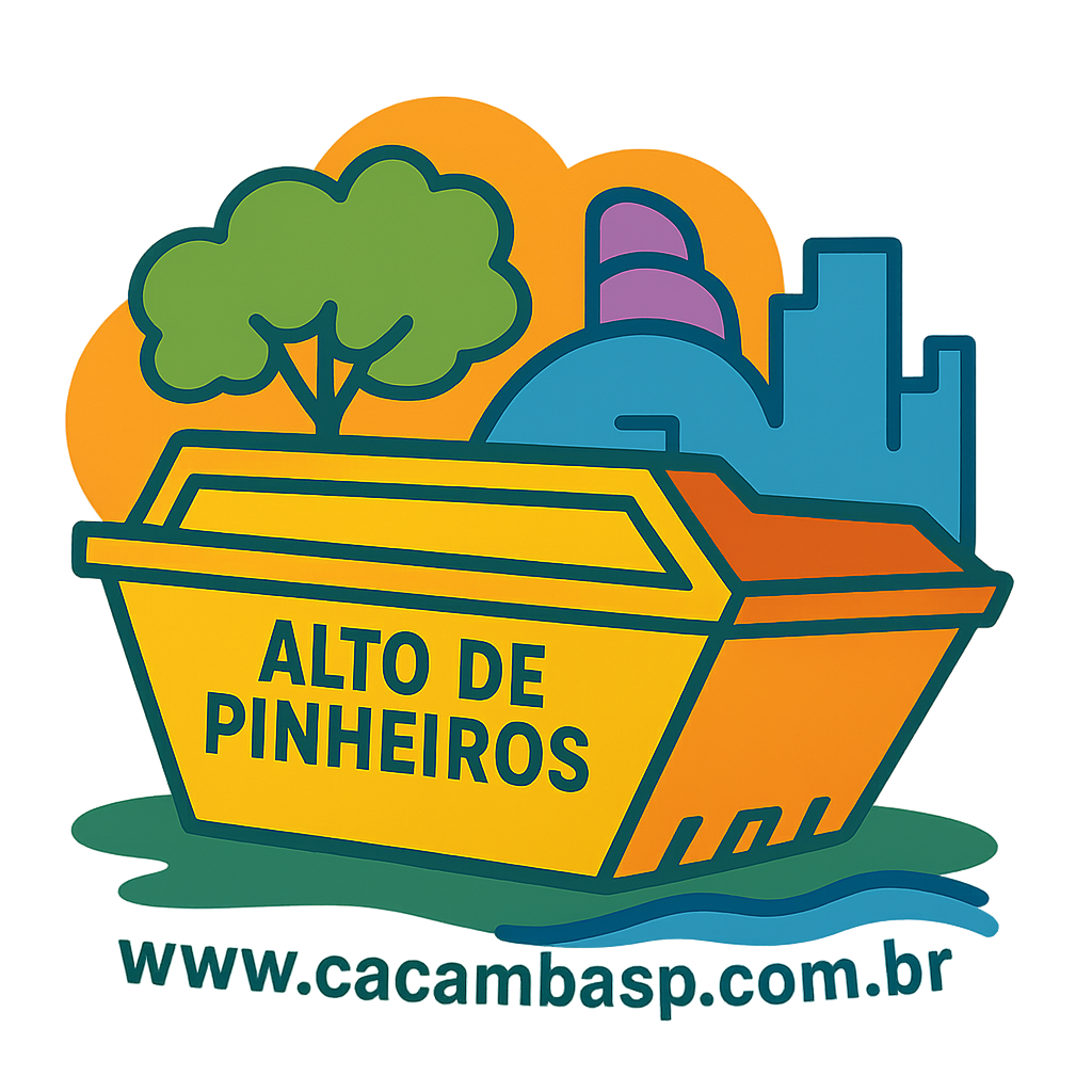 Caçamba SP – Ilustração estilizada de caçamba de entulho com skyline de Pinheiros em São Paulo