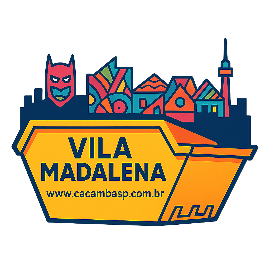 Caçamba SP – Ilustração estilizada de caçamba de entulho com skyline de Vila Madalena em São Paulo
