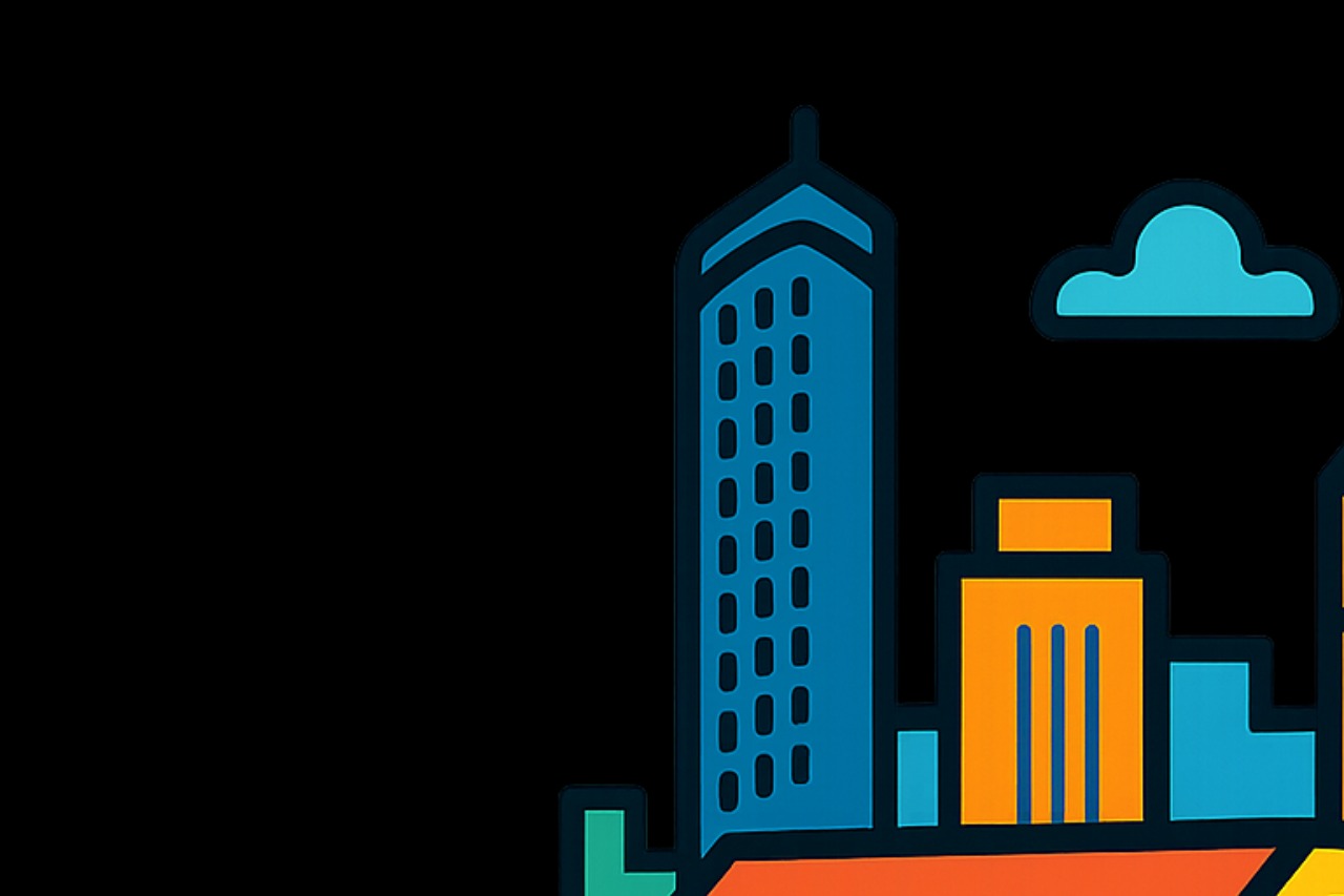 Caçamba SP – Ilustração estilizada de caçamba de entulho com skyline da Bela Vista em São Paulo