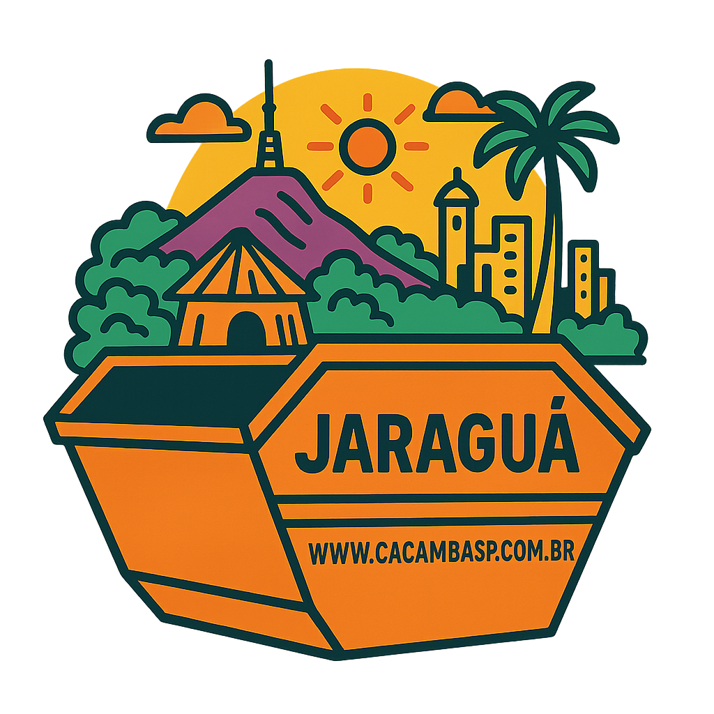 Caçamba SP – Ilustração estilizada de caçamba de entulho com skyline de Jaraguá em São Paulo