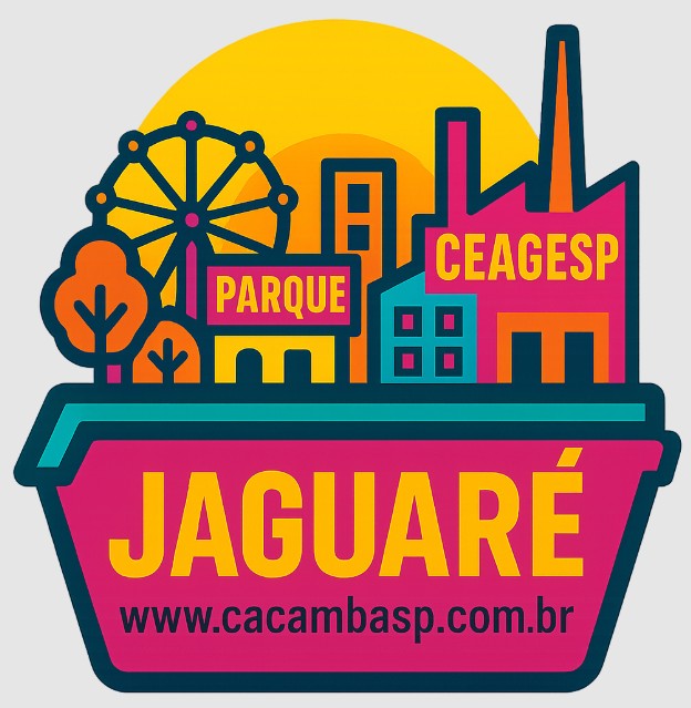 Caçamba SP – Ilustração estilizada de caçamba de entulho com skyline de Jaguaré em São Paulo