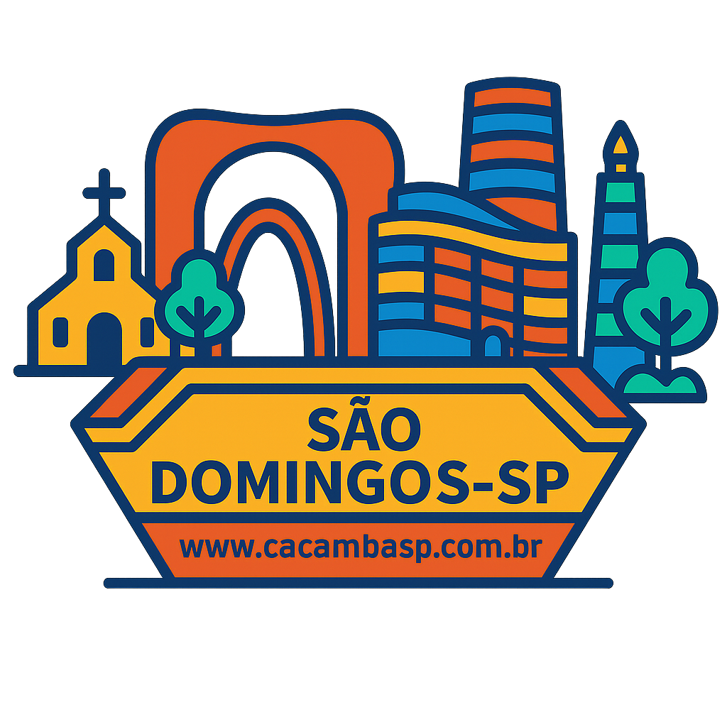 Caçamba SP – Ilustração estilizada de caçamba de entulho com skyline de São Domingos em São Paulo