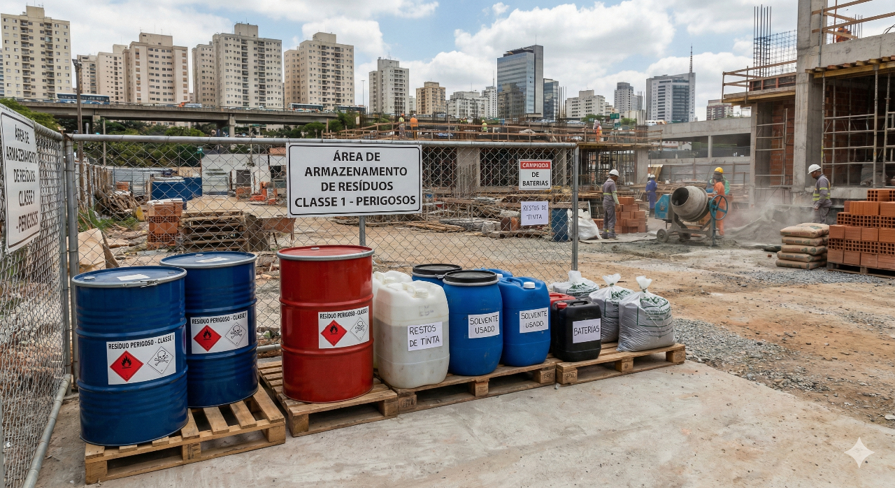 Recipientes de resíduos classe 1 separados em obra na cidade de São Paulo